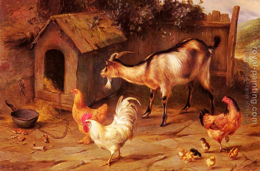 Edgar Hunt : Fowl Chicks And Goats By A Dog Kennel